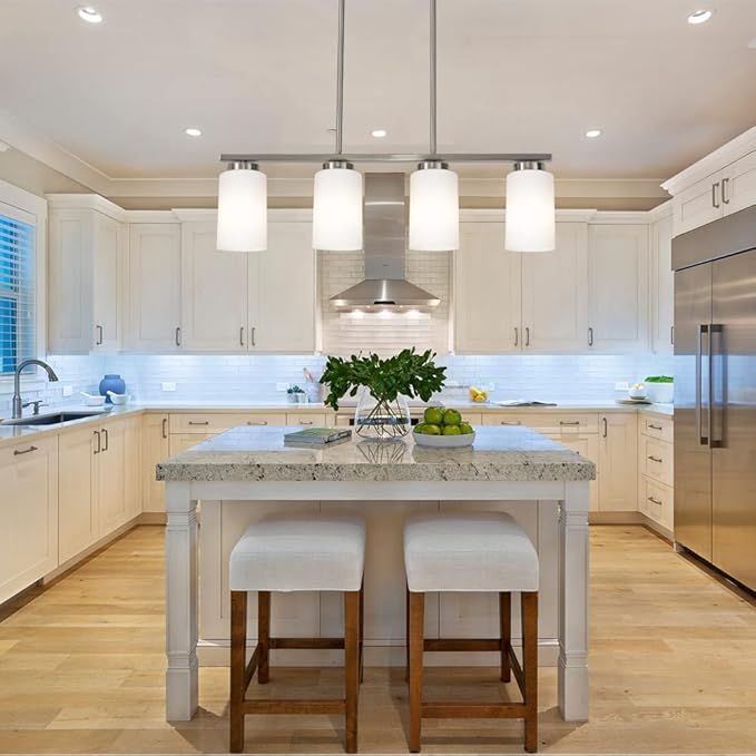 TODOLUZ Brushed Nickel Kitchen Island Light, Farmhouse Pendant Light Fixtures with Opal White Glass Shades Modern Linear Ceiling Hanging Light for Living Room
