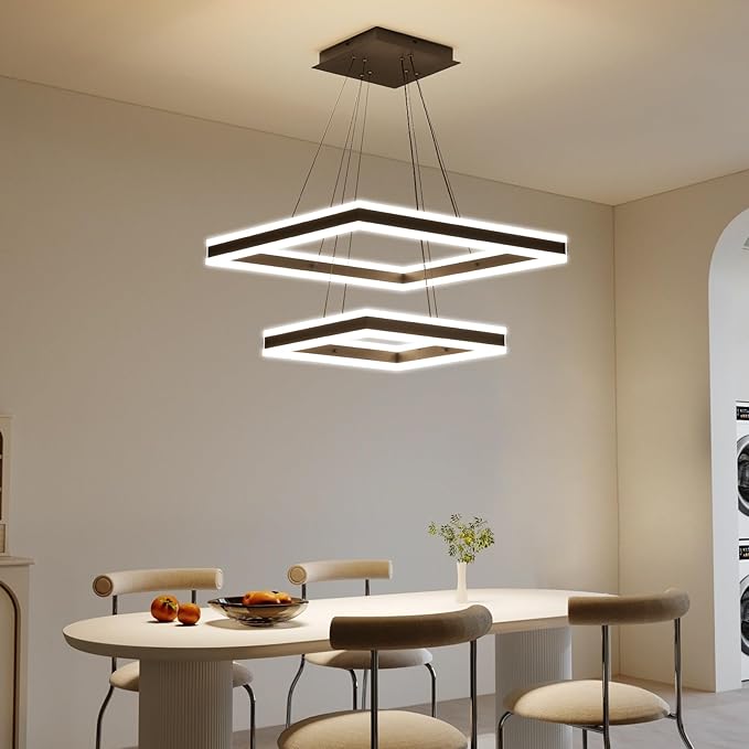 Modern Chandeliers for Living Room, 2 Ring Square LED Pendant Light Fixture, 3000K-6500K Dimmable Dining Room Ceiling Hanging Light Over Table, Modern Kitchen Island Lighting Adjustable Height