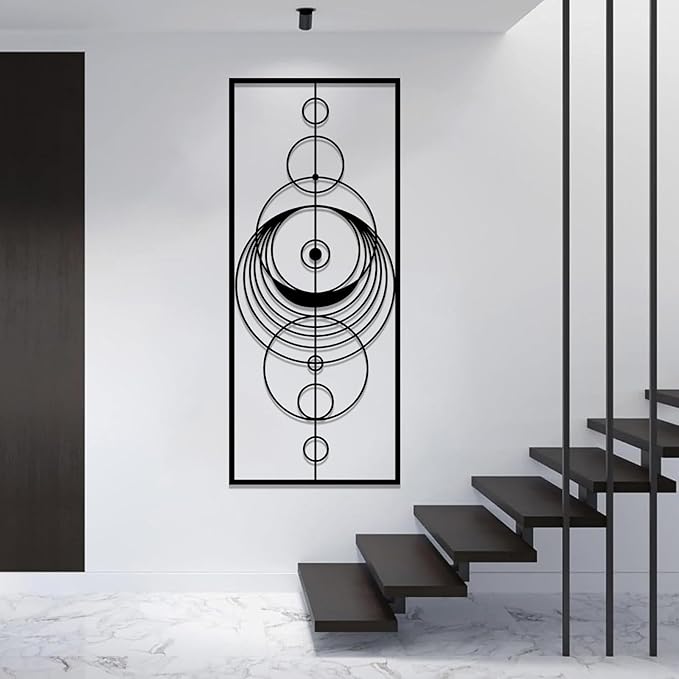 Hfrolixit Abstract Geometric Metal Wall Art, Circle Metal Wall Decor, Round Wall Decor, Mid Century Modern Wall Art, Large Boho Geometric Wall Hanging, Luxury Wall Hanging (Black, 41"x17"/105x44cm)