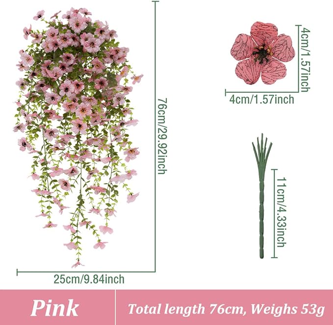 EROCK Artificial Flowers for Outdoors, 4PCS Fake Silk Hanging Flowers for Decoration UV & Fading Resistant, Realistic Faux Plants & Flowers for Porch Patio Balcony Window Box Home Decor (Pink)