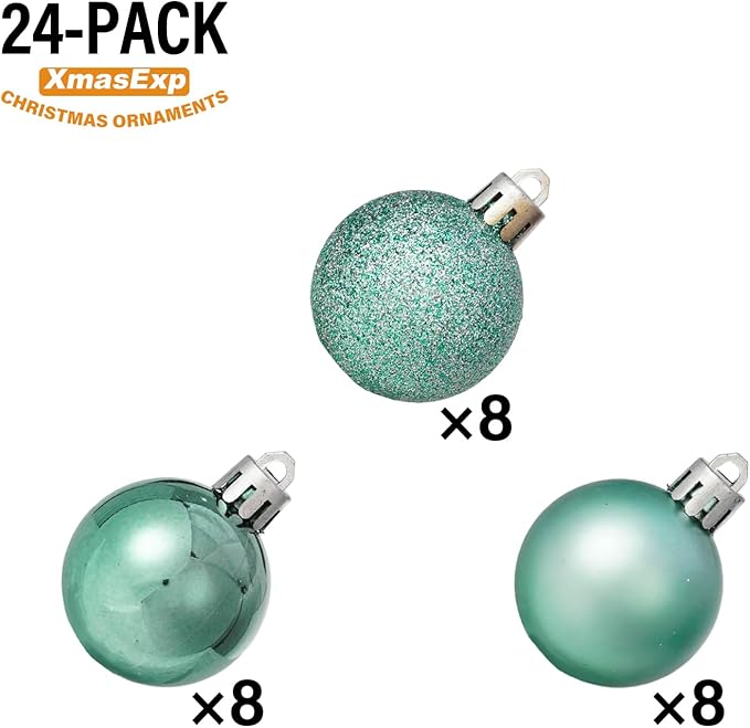 XmasExp 24ct Mini Christmas Ball Ornaments Shatterproof Christmas Ornaments Set Decorations for Xmas Tree Balls 30mm/1.18" (Mint Green)