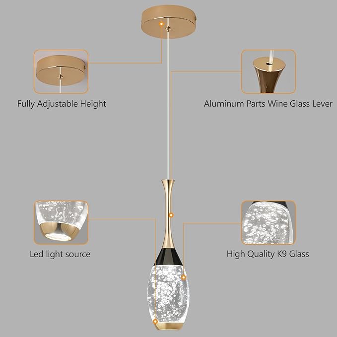 Modern Black Gold Pendant Light Dimmable LED Ceiling Light Fixtures Mini Teardrop Crystal Pendant Lighting for Kitchen Island Bedroom Hallway Entryway (3-Pack， Champagne Gold)