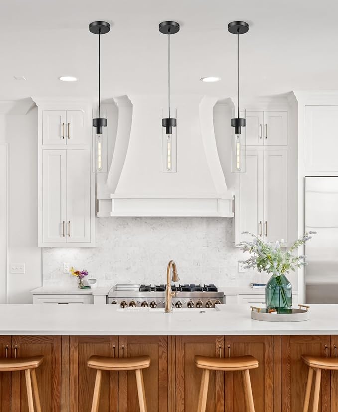 Black Pendant Lights Kitchen Island (Bulb Included), Adjustable Modern Glass Pendant Light Over Island, Industrial Pendant Light Fixtures for Dining Room Hallway Bedroom Living Room