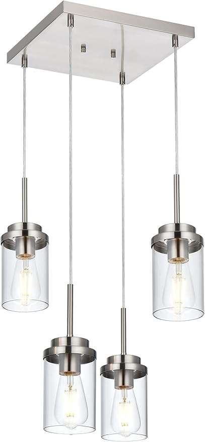 MELUCEE 4-Light Hanging Pendant Light Fixtures with Clear Glass Shade, Brushed Nickel Modern Chandelier Dining Room Light Fixtures Over Table Kitchen Island Lighting, Height Adjustable