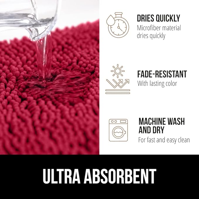 GORILLA GRIP Bath Rug Mat 36x24, Thick Soft Absorbent Chenille, Quick Dry Microfiber Mats, Rubber Backing Washable Shower Floor Rugs, Bathmat Runner, US Designed Bathroom Home Decor Accessories Red