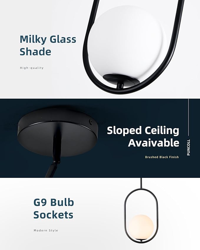Black Pendant Lights - 1-Light Pendant Lights Kitchen Island with Milky White Globe Glass - Mid Century Pendant Light Fixtures - Black Hanging Lights for Kitchen H9376-MGBK