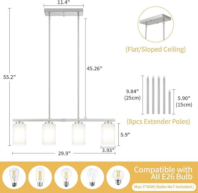 4-Light Kitchen Island Lighting, Brushed Nickel Dining Room Light Fixtures Over Table, Modern Farmhouse Chandeliers with Milky Glass Shade Pendant Light for Dining Room Kitchen Island