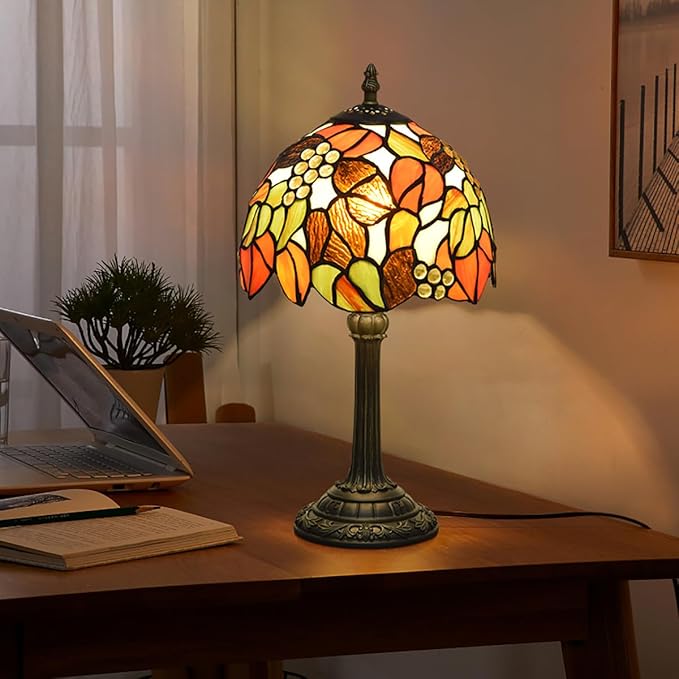 Tiffany Stained Glass Table Lamp Orange Grape Bedroom Bedside Reading Desk Light for Office Dormitory Bar Decorate Retro Style Unique Cute Accent Decor Cottage 8" Village Nightstand Lamps