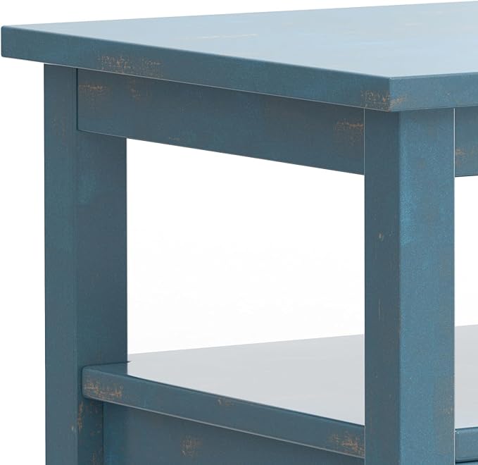 SIMPLIHOME Warm Shaker End Table - 20 inch Wide Solid Wood Square Accent Table in Distressed Coastal Blue, Transitional Side Table for Living Room or Bedroom with Drawer, Open Shelf and Tapered Legs