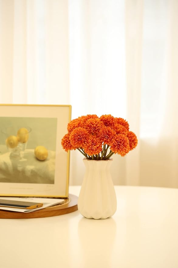 Kimura's Cabin 20Pcs Orange Fake Mums Flowers Artificial Silk Chrysanthemums Faux Ball Flower for Wedding Arrangement Fall Bouquets Home Table Decoration Halloween Thanksgiving Decor(Orange)