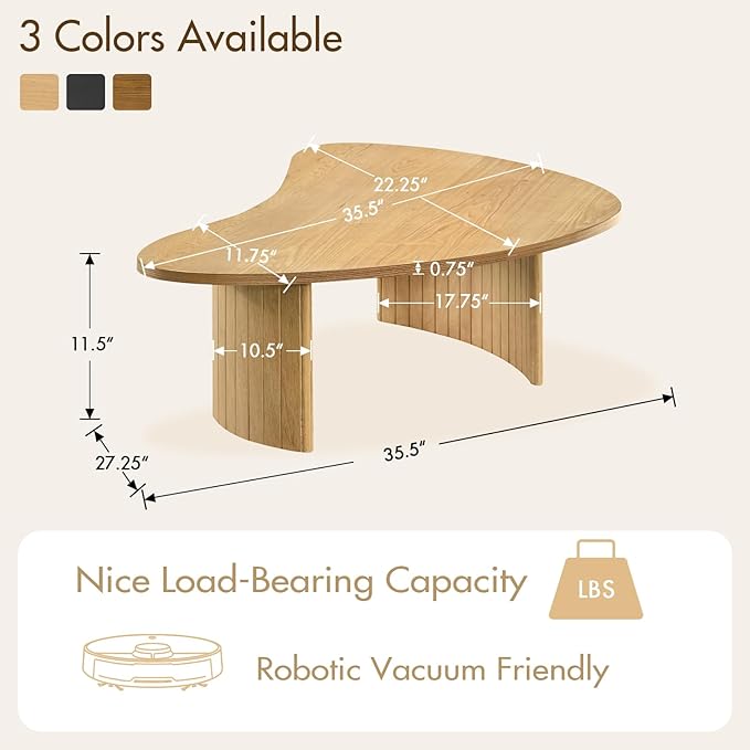 35.5 Inch Modern Wood Small Coffee Table for Small Spaces, Natural Boho Center Table with Irregular Mango Top and Fluted Legs for Living Room, Apartment