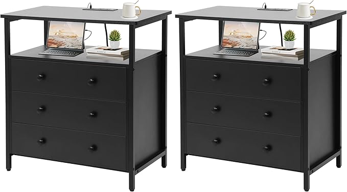 3 Wooden Drawers Nightstand, 27 Inch Wide Night Stand Set 2 with Charging Station and Adjustable Drawers, Small Dresser for Closet, Bedside Table for Living Room/Bedroom/Office, Black.