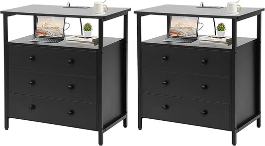 3 Wooden Drawers Nightstand, 27 Inch Wide Night Stand Set 2 with Charging Station and Adjustable Drawers, Small Dresser for Closet, Bedside Table for Living Room/Bedroom/Office, Black.