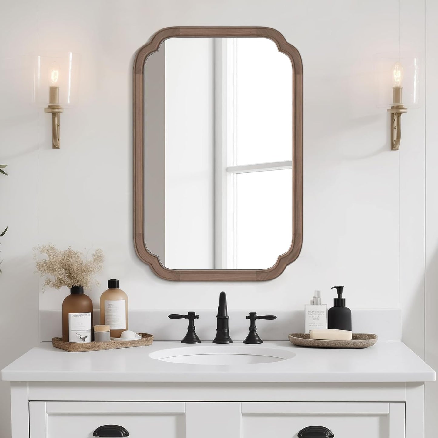 WallBeyond 20" x 30" Rounded Corner Arch Wall Mirror with Wood Frame for Entryway, Living Room or Bedroom Home Decor - Light Woodgrain [20" x 30" Walnut]