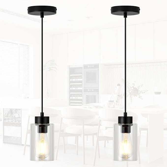 Modern Pendant Light, Matte Black Pendant Lights Kitchen Island,Farmhouse Pendant Lighting for Dining Room Bedroom Bar Office 2 Pack