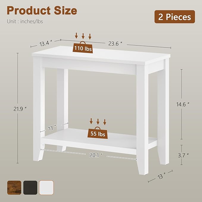 Hoctieon End Table with Double Storage Shelves, Sturdy Wooden Side Table for Living Room, Bedroom, Modern Nightstand Sofa Table for Small Spaces, White, Set of 2