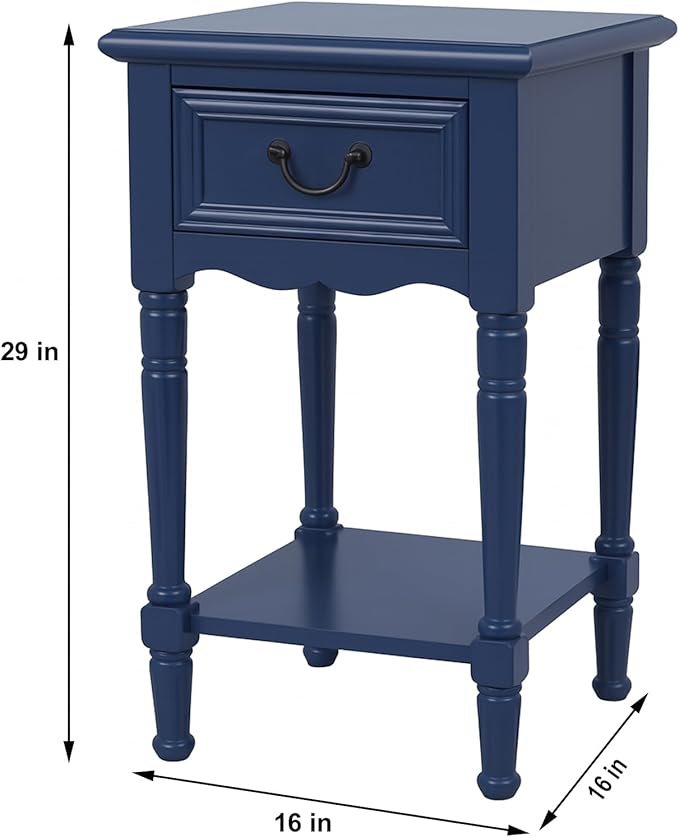 Urban Designs Wooden Accent Table/Nightstand with Drawer and Bottom Shelf – 29" H, 16" L x 16" W - Navy