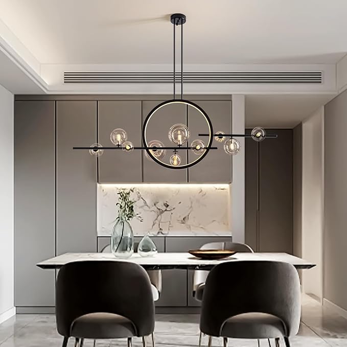 CROSSIO Modern Black LED Pendant Light, 10-Light Kitchen Island Chandelier with Glass Globe Shades, Adjustable Linear Light Fixture for Dining Room and Living Room