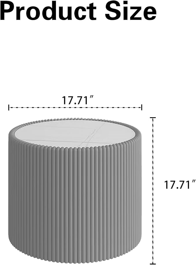 17.71" Grey Round Coffee Table, Drum Coffee Table with Sintered Stone Tabletop and Fluted PU Leather Covered and Stable Base, Circle Cocktail Tea Table for Living Room