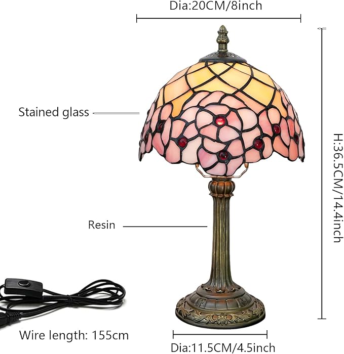 Tiffany Lamp Stained Glass Table Lamp 8X8X14 Inches Desk Reading Light Decor Beside Bedroom Living Room Home (H-1055- Cherry Blossom)