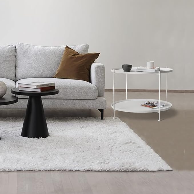 Modern Metal Table,Round Coffee Table with Storage Indoor/Outdoor, Coffee Tables for Living Room (White, 2-Tier 27.6")