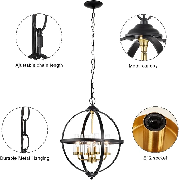 Treekee Rustic Chandelier, 17" Black and Gold Finish Glass Cover Luxurious Hanging Light, 4-Light Globe Vintage Pendant Ceiling Light Fixtures for Living Room Entry Way Dining Room