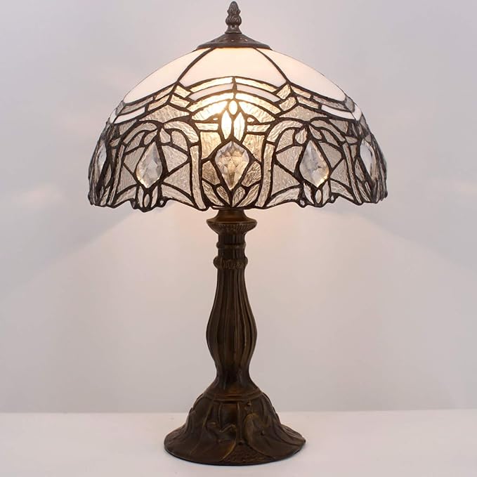 WERFACTORY Tiffany Lamp White Bent Stained Glass Bedside Table Lamp Desk Reading Light 12X12X18 Inches Decor Bedroom Living Room Home Office S508W Series