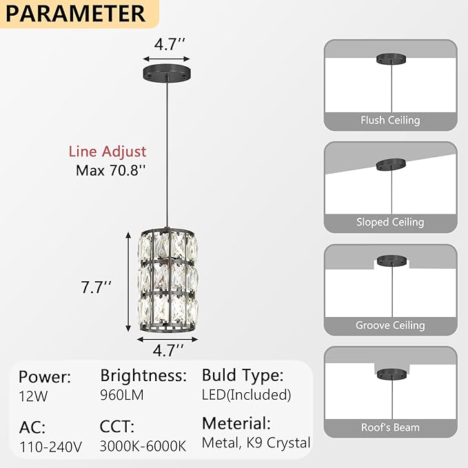 1-Lights Modern Crystal Pendant Lights for Kitchen Island LED Dimmable Glam Pendant Lighting Chandelier for Dining Room Hallway Corner Lamp Black