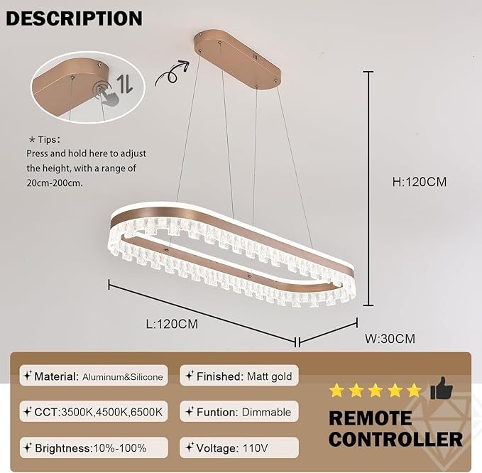 Modern Chandelier for Dining Room,Gold Led Crystal Chandelier Light Fixture Dimmable Pendant Light for Kitchen Island Lighting 3000K-6500K with Remote