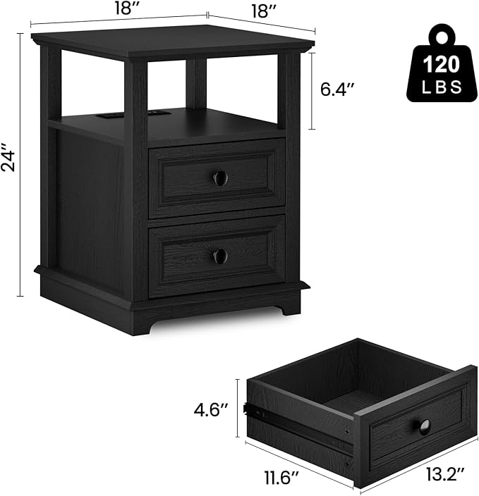 End Table with Fast USB C Charging Station,18" Wide Sofa Side Table with 2 Drawers, Large Storage Rustic Wood Square Storage Cabinet for Living Room, Bedroom, Office, Black
