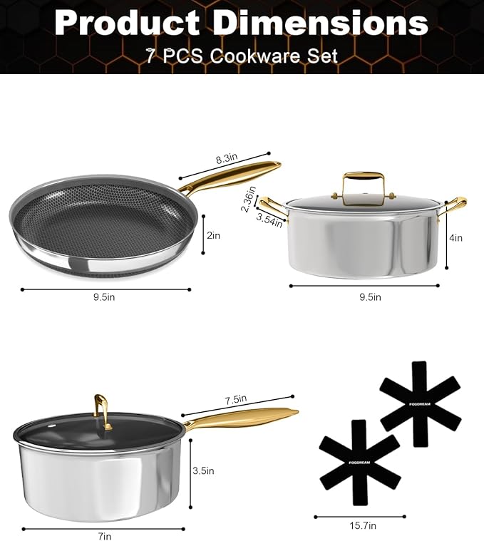 FogDream 5pcs Stainless Steel Cookware, Tri Ply Pots And Pans Set, Non Stick Frying Pans, Cool Handles, Dishwasher Safe, Induction Compatible, Silver (rose gold)