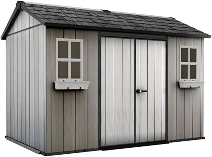 Outdoor Tool Shed 11 x 8.3 Foot Durable Resin Storage Lockable Door, and Ventilation, with Window Planter Boxes, for Garden, Home, Pool，Backyard, Grey