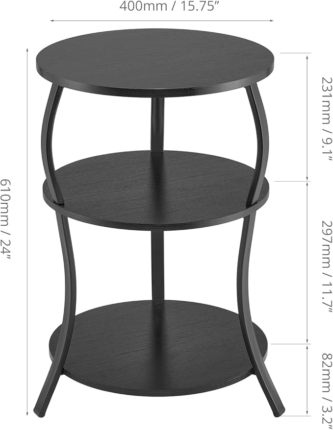 Round Side Table, 3-Tier Waist End Table with Storage Shelf, Side Tables Living Room,15.75x24’’Round Table, Sofa Side Table, Snack Table TV Tray Table, Vintage Nightstand for Bedroom,Black