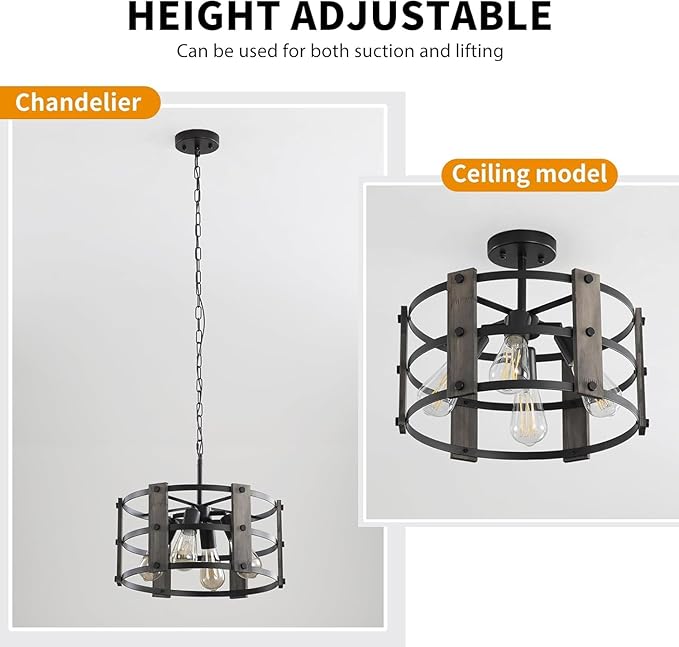 Rustic Farmhouse Chandelier, 4 Lights Pendant Lights Fixture, Adjustable Height, Grey Vintage Wood Hanging Pendant Lighting for Entryway Kitchen Island Foyer Dining Room Living Room Bedroom