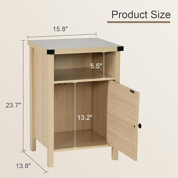 Farmhouse End Table, Nightstand, End Tables with Barn Door and Shelf, Modern Bed Side Table Rustic Nightstands Set for Bedroom, Living Room, Set of 2, Natural