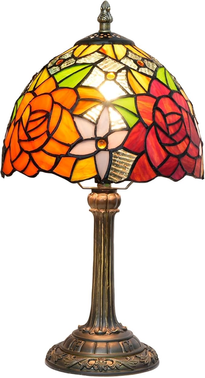Tiffany Lamp - Rose Flower Stained Glass Table Lamp 8x8x14 Inches - Rose Flower Style Desk Reading Light - Bedroom & Living Room Decor