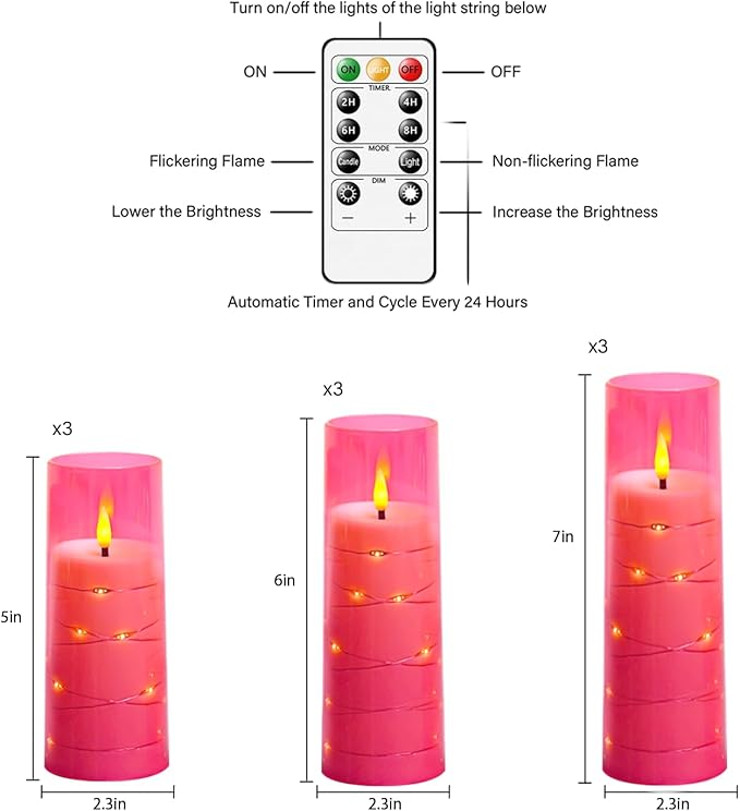 Flickering Flameless LED Candles,Battery Operated Candles 9 Pcs with Embedded Star String,Acrylic LED Pillar Candles with Remote,Suitable for Home Decoration to Create an Atmosphere (Pink)