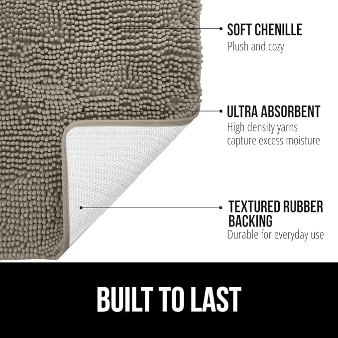 Gorilla Grip Shaggy Chenille Bath Rug Mat for Toilet Base, Machine Washable, Microfiber Dries Quickly, Plush Absorbent Contour Mats for Toilets, Bathroom Decor, Oval U-Shape, 22'' x 19'' x 15'', Latte