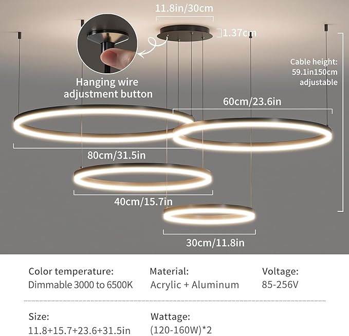 4-Ring Dimmable LED Chandelier for Dining Room, Circular Black Modern Pendant Lights, Adjustable Hanging Ceiling Lamp Fixture for Kitchen Island, Living Room, Foyer, Bedroom with Remote Control
