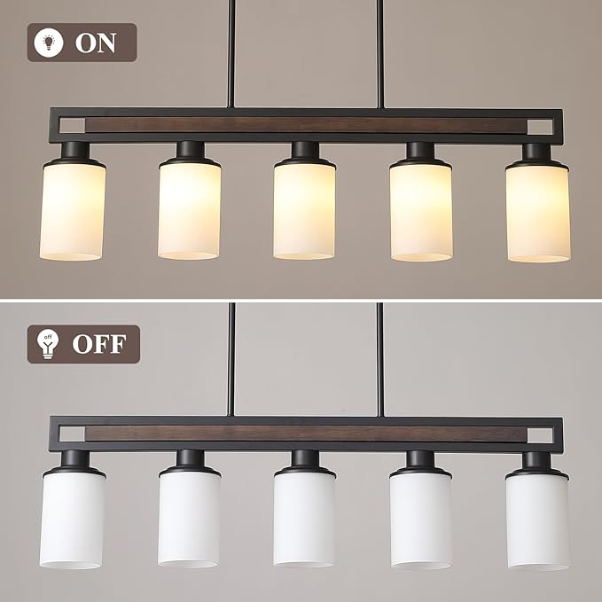 Farmhouse Dining Room Light Fixture, 5-Light Wood Kitchen Island Lighting for Dining Room Over Table, Black Adjustable Pendant Light with Milk Glass Shades, Linear Chandeliers Lighting for Kitchen