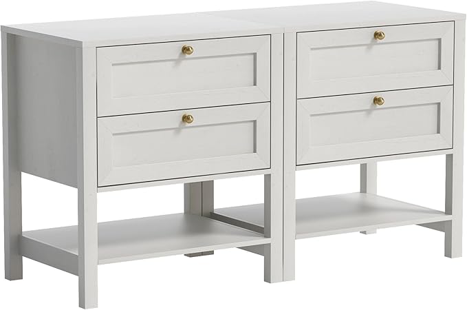 End Tables Set of 2 with 2 Drawers, Farmhouse Nightstand with Open Shelf, Modern Bedside Cabinet Side Table Night Stand for Bedroom, Living Room, Antique White
