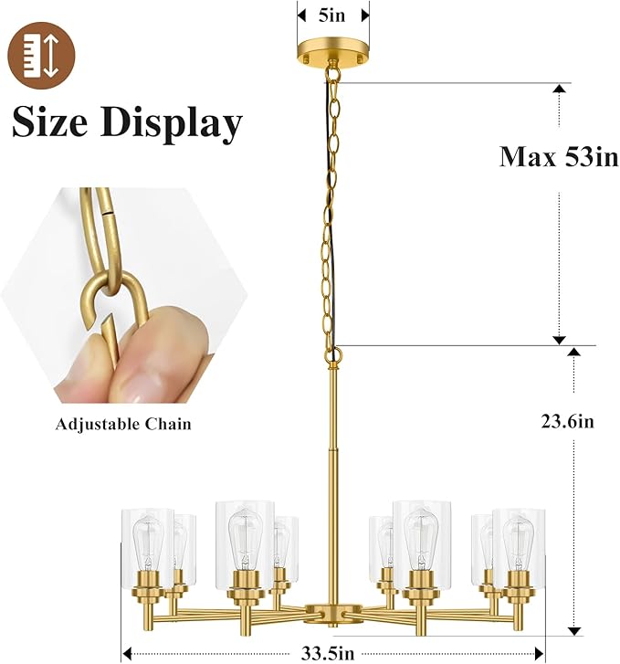 Sucolite 33.5'' 8-Light Chandelier for Dining Room Kitchen Island, Modern Farmhouse Pendant Lighting with Glass Shades Industrial Gold Hanging Ceiling Light Fixture for Living Room, Height Adjustable