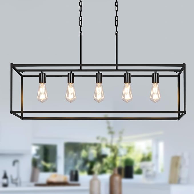 5-Light Rustic Farmhouse Chandelier, Rectangular Metal Kitchen Island Pendant Lighting Fixtures, Black Industrial Linear Hanging Light for Dining Room, Entryway, Foyer, Bar, Living Room