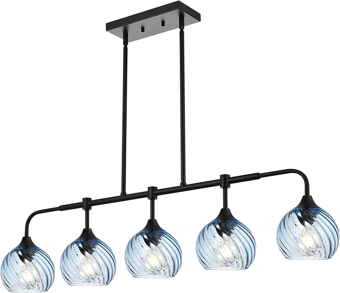 MELUCEE 5-Light Kitchen Island Lighting Linear Dining Room Light Fixtures Ceiling Hanging with Blue Striped Swirl Glass Shade, Modern Black Chandelier for Dining Room Kitchen Island Bar, E26 Base
