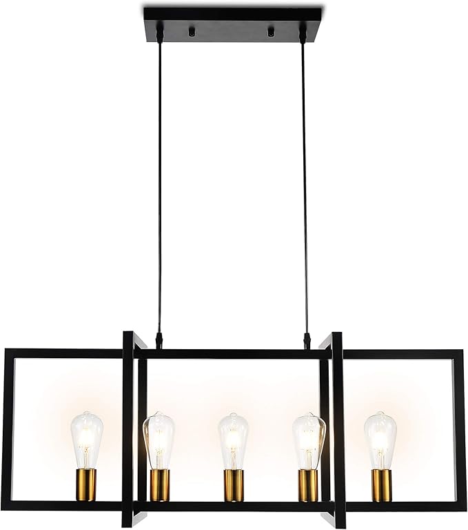 SomSom Modern Kitchen Island Light for Kitchen Pendant Chandelier 5-Light Ceiling Light Industrial Pendant Lighting Fixture Matte Black with Antique Brass Finish