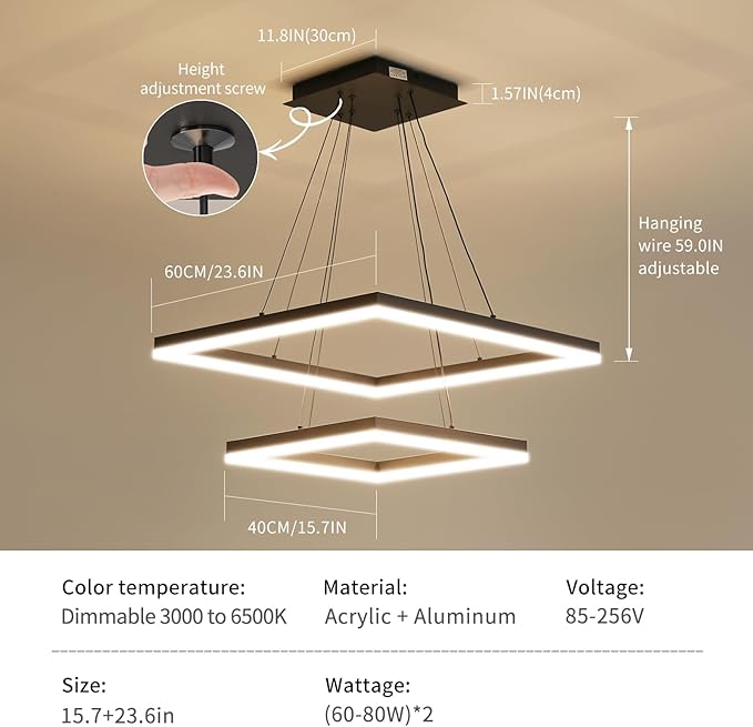 LED Pendant Light Fixture for Dining Room, 3000K-6500K Dimmable Modern Chandelier, Adjustable Height, 2 Layer Square Minimalist Ceiling Hanging Lamps for Kitchen Island, Living Room, Foyer