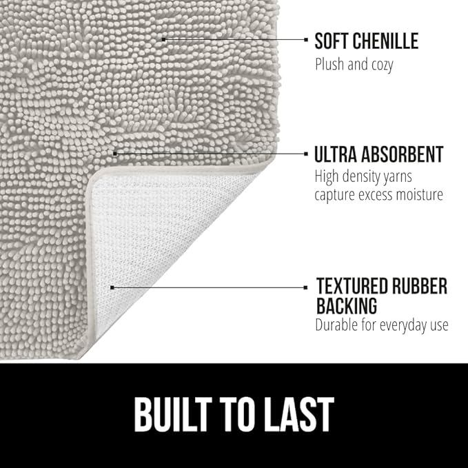 GORILLA GRIP Bath Rug Mat 48x24, Soft Absorbent Chenille, Quick Dry Microfiber Mats, Rubber Backing Washable Shower Floor Rugs, Bathmat Runner, US Designed Bathroom Home Decor Accessories Light Gray