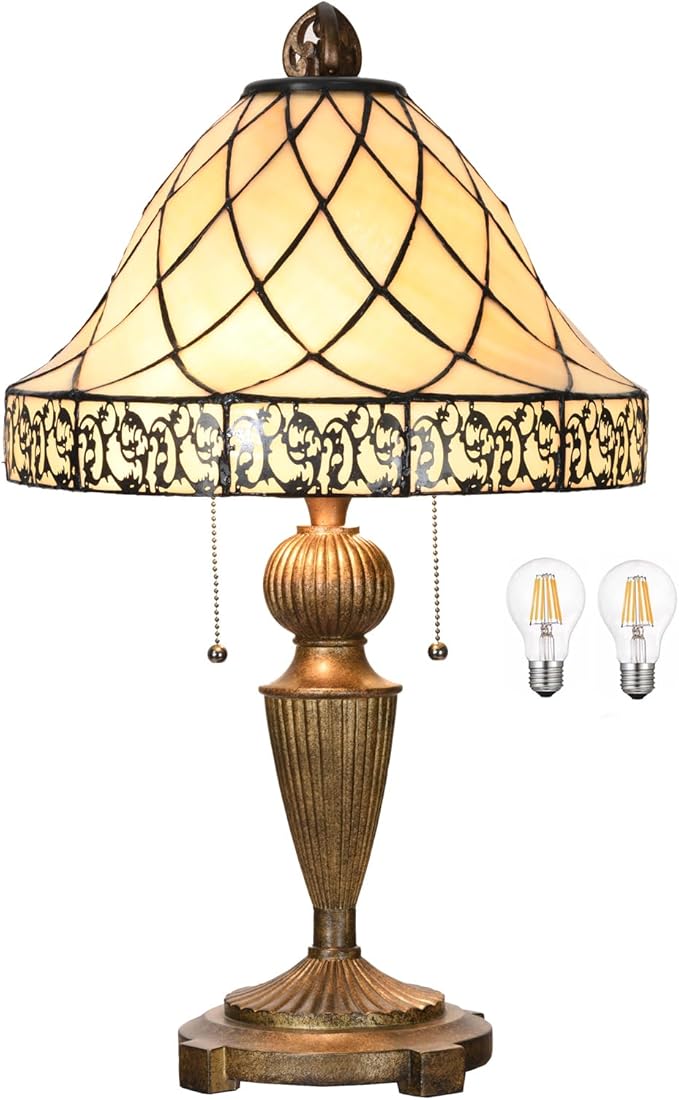 TL0028 Tiffany Table Lamp Stained Glass Lampshade Beige-Like Color with Geometric Pattern, Warm Glow & Elegant Design, Antique Finished Lamp Base, W 14 X H 24 Inches, LED Bulb Included