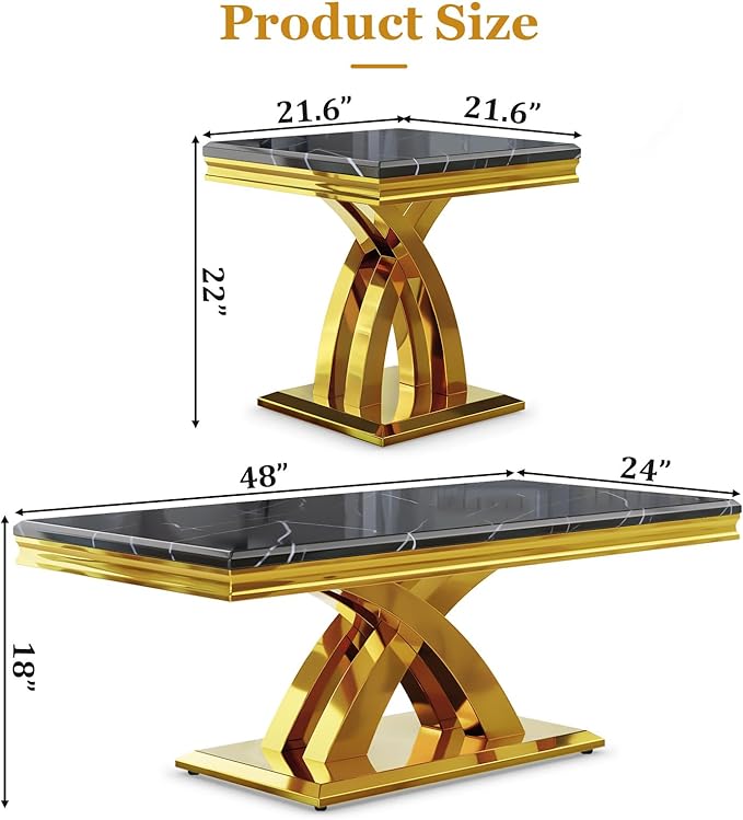 AUZ Black Gold Coffee Table Set of 2, Living Room Table Set with X- Shape Design Polished Stainless Steel Frame
