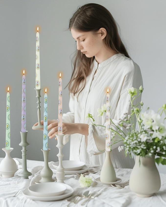 Floral Taper Candle Dripless Colored Tall Candlesticks 10inch Handmade Unscented Long Smokeless Tapered Candle Holiday Party Celebrate-6pcs